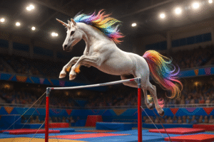 watch as a dazzling rainbow unicorn gymnast conquers the high bar with grace and power, captivating audiences on instagram with stunning performances and magical flair.